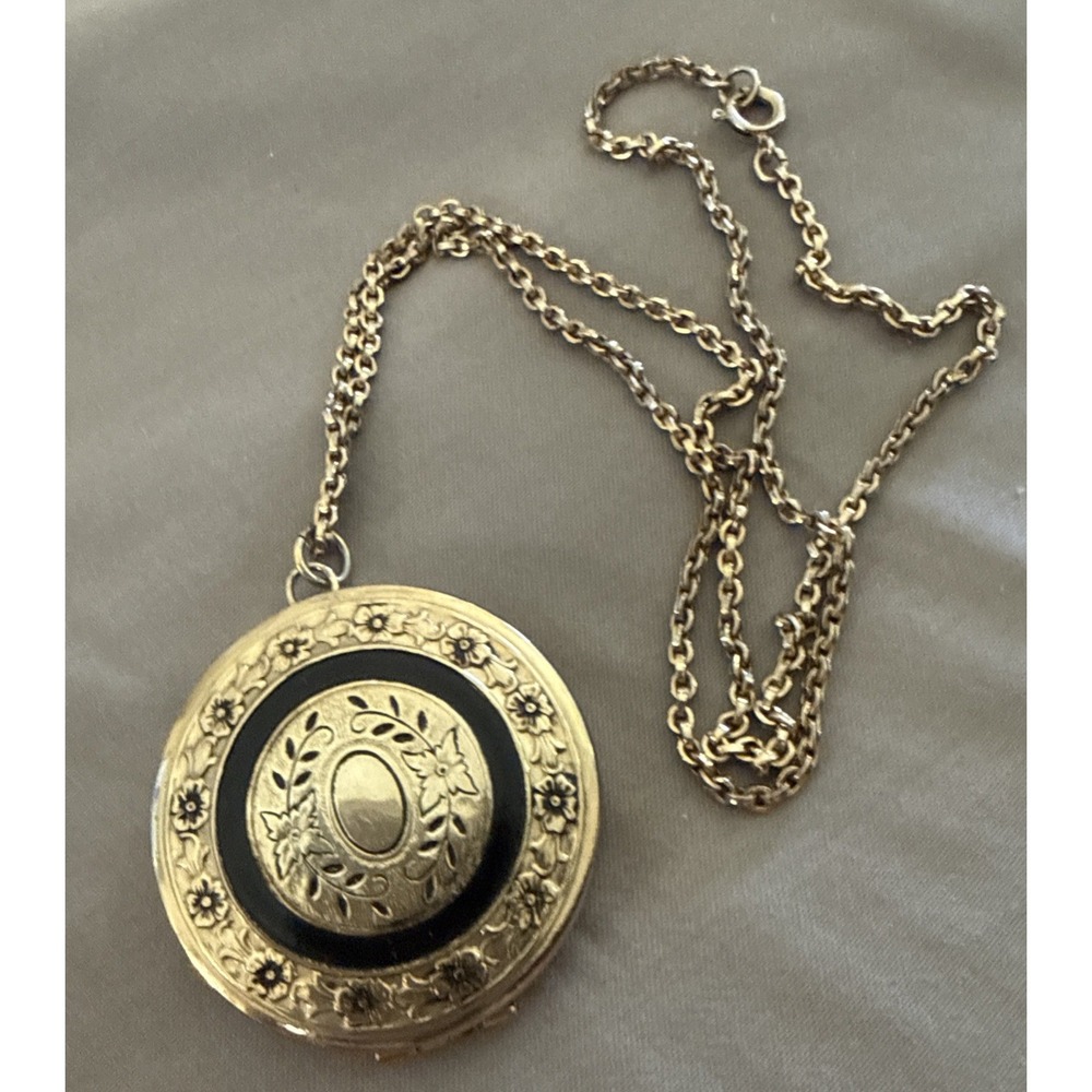 Vintage Coro 2 Photo Locket Necklace Gold Tone Floral Victorian Revival 1940s